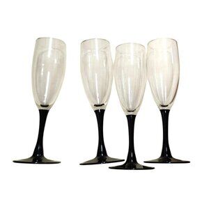 4 Luminarc Signature Dominoe France Black Stem Champagne Flutes